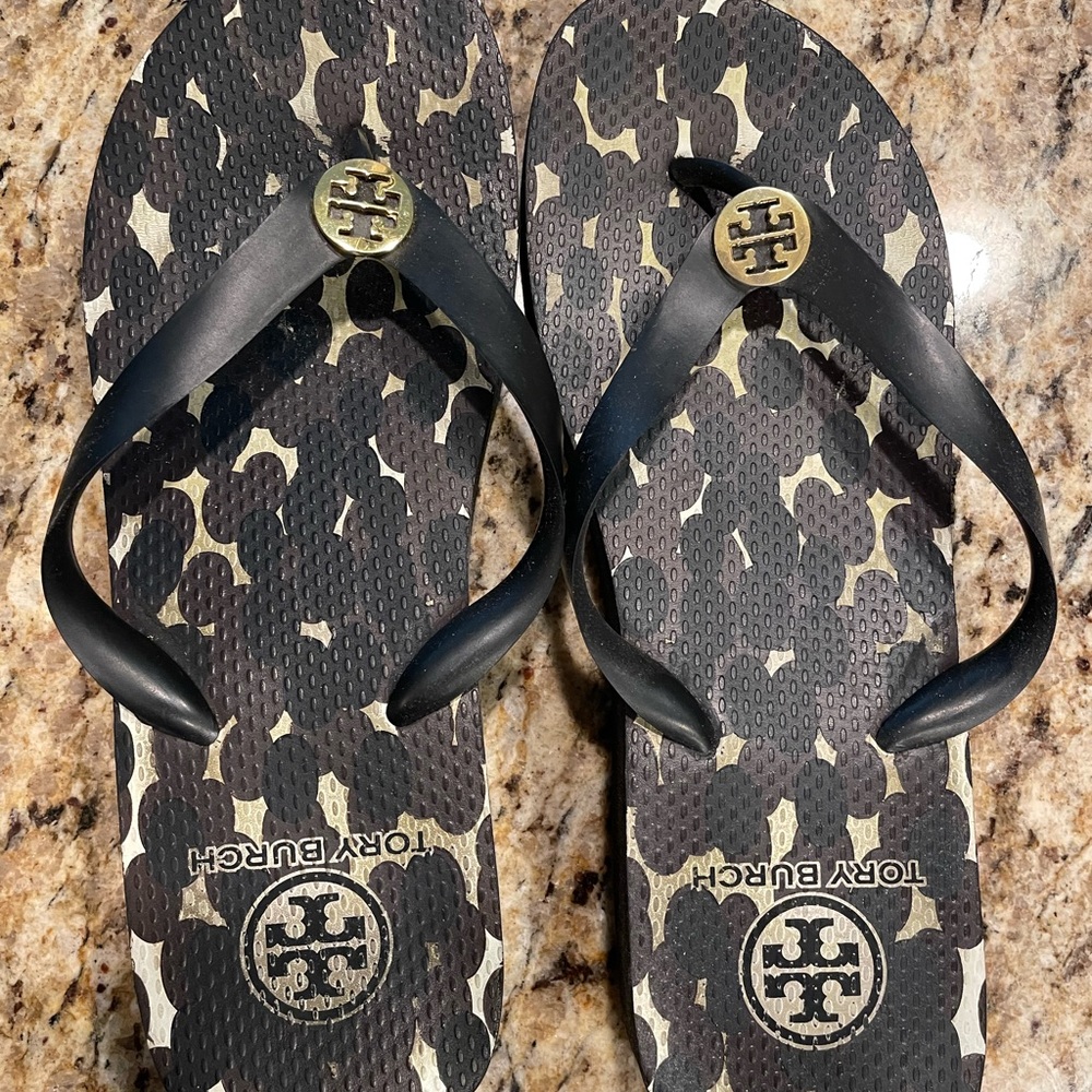 Tory Burch Camouflage Flip Flops with Gold Accents